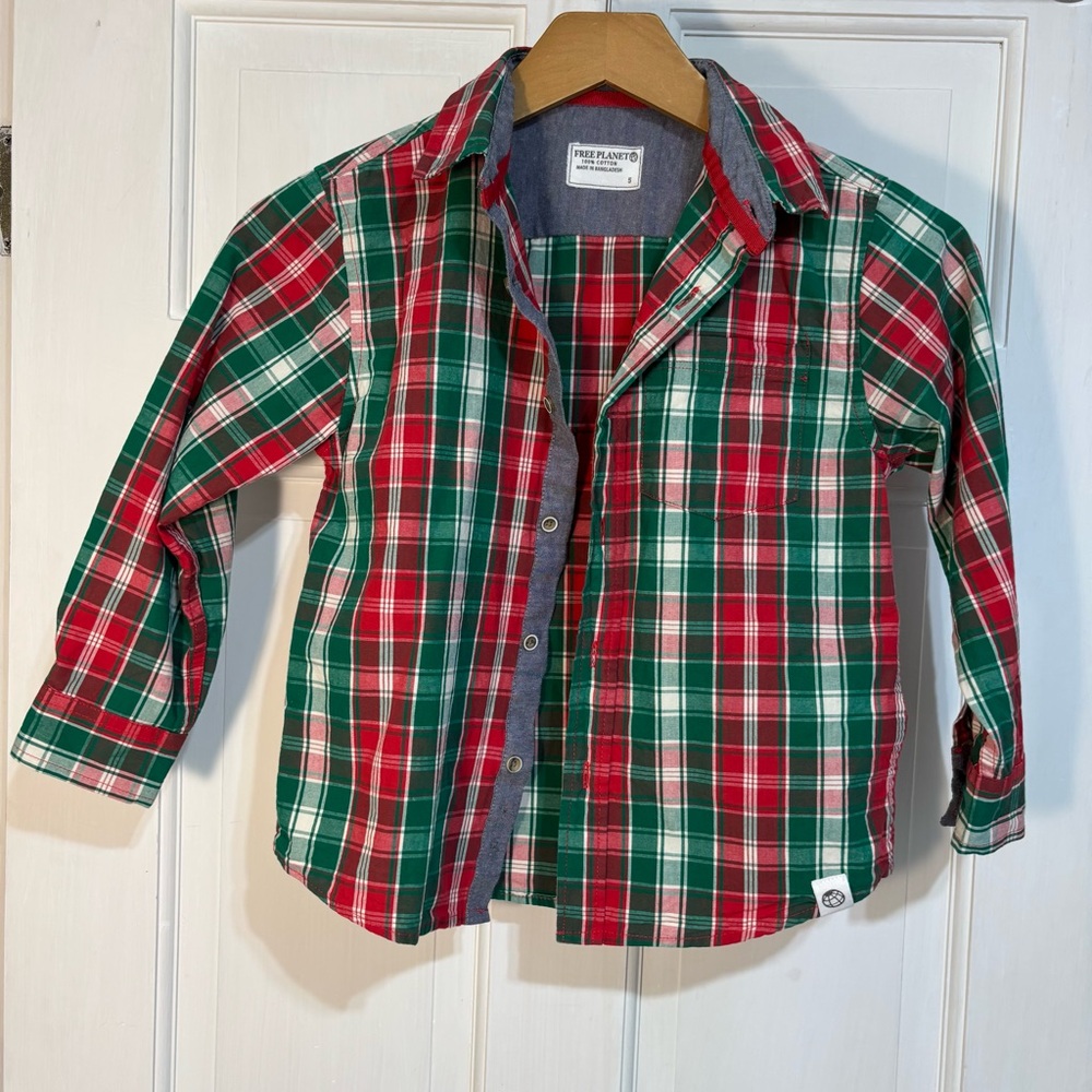 Free Planet Boys Size 5 Long Sleeve Button Up Red, Green, White Tartan - Picture 7 of 9